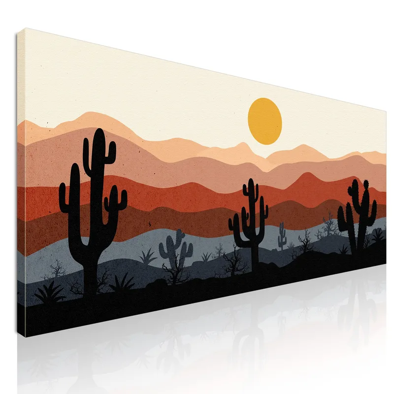 Boho Chic Framework Illustration Landscape Cactus With Mountains And Sun canvas print