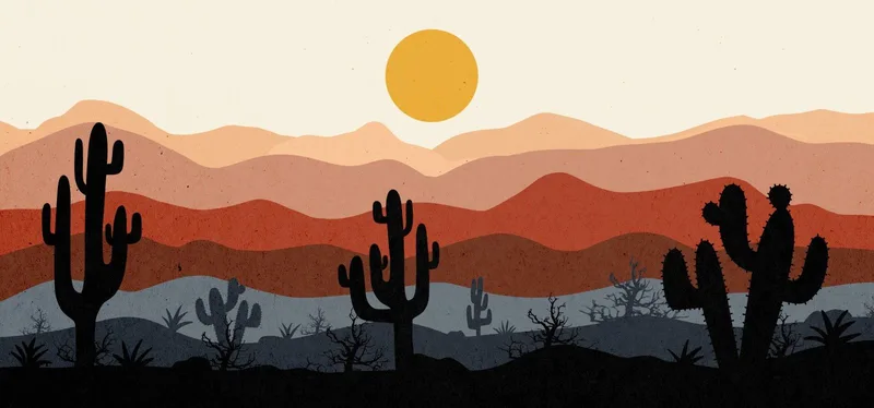 Quadro Boho Chic Illustrazione Paesaggio Cactus Con Montagne E Sole