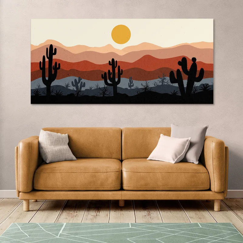 Quadro Boho Chic Illustrazione Paesaggio Cactus Con Montagne E Sole