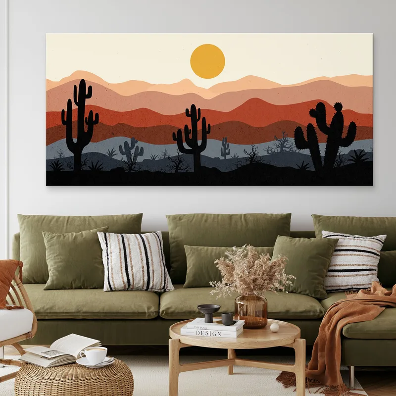Quadro Boho Chic Illustrazione Paesaggio Cactus Con Montagne E Sole