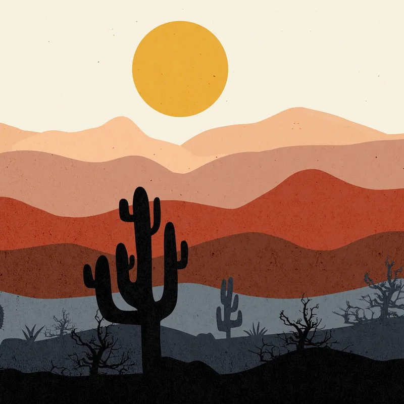 Quadro Boho Chic Illustrazione Paesaggio Cactus Con Montagne E Sole