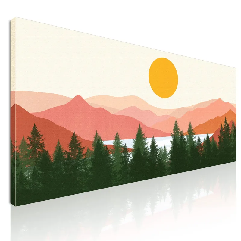 Boho Chic Painting Landscape Illustration Pine Forest With Mountains And Sun canvas print