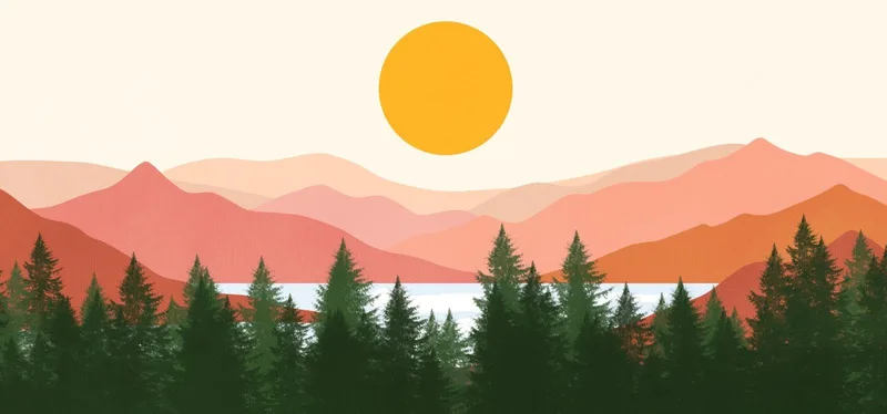 Boho Chic Painting Landscape Illustration Pine Forest With Mountains And Sun