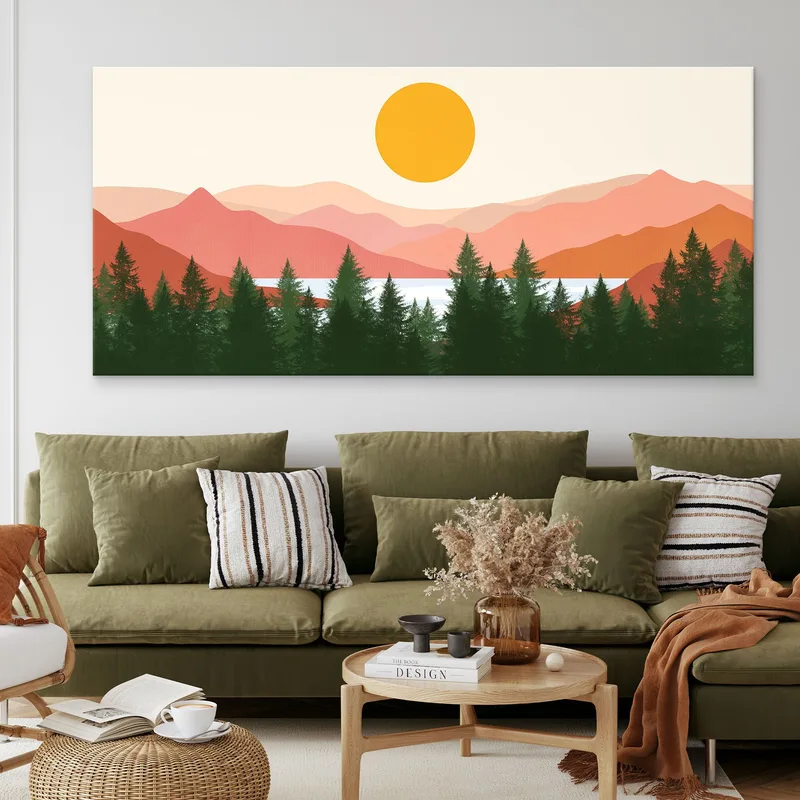 Boho Chic Painting Landscape Illustration Pine Forest With Mountains And Sun