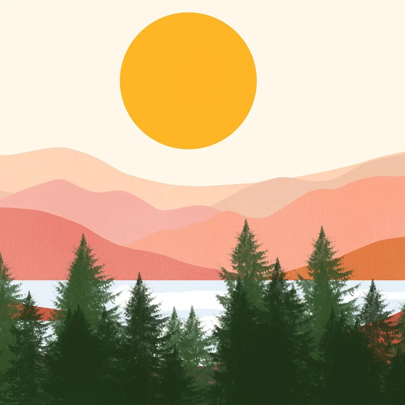 Boho Chic Painting Landscape Illustration Pine Forest With Mountains And Sun