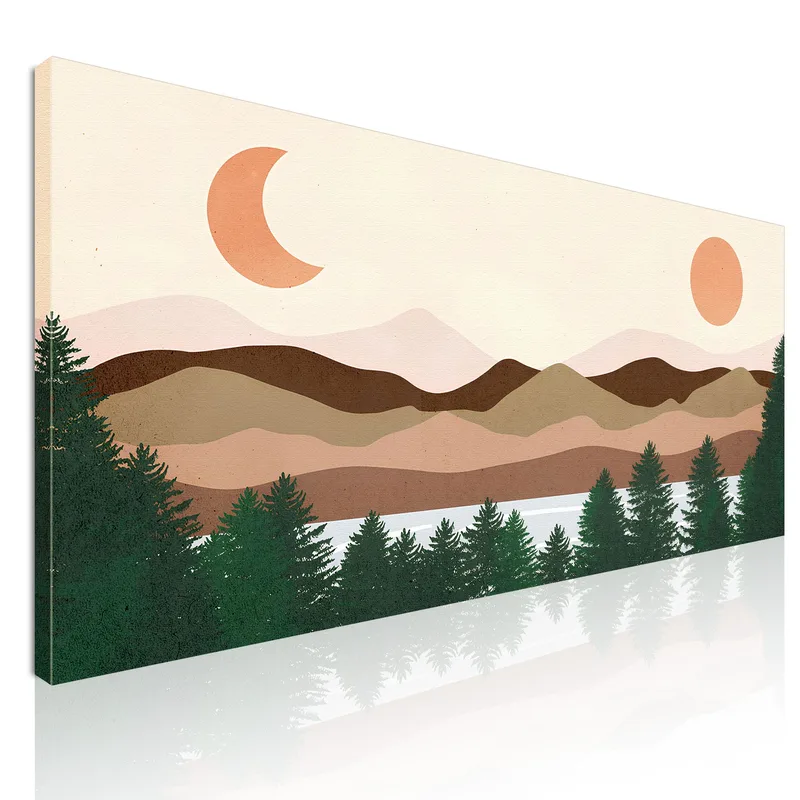 Boho Chic Framework Illustration Landscape Lake With Pine Trees Mountains Sun And Moon canvas print