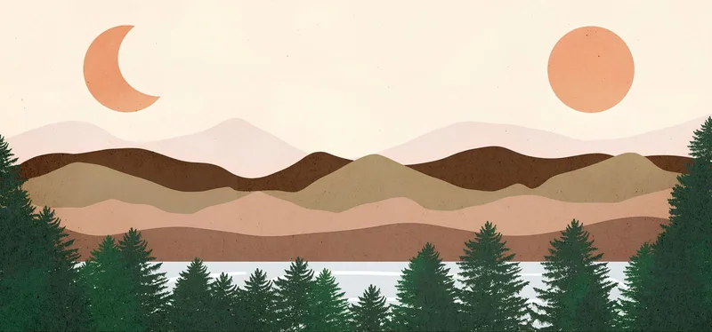 Boho Chic Framework Illustration Landscape Lake With Pine Trees Mountains Sun And Moon