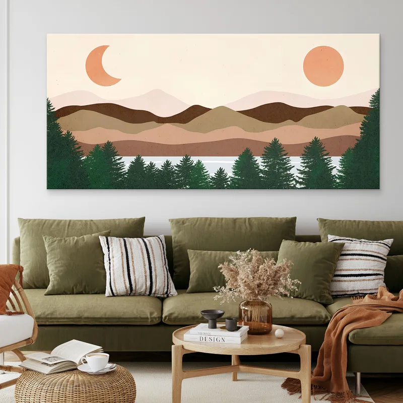 Boho Chic Framework Illustration Landscape Lake With Pine Trees Mountains Sun And Moon