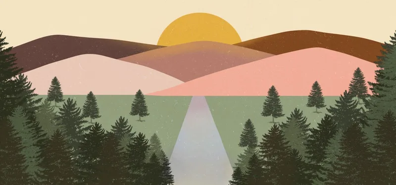 Quadro Boho Chic Illustrazione Paesaggio Paesaggio Montuoso Colorato Con Foresta E Tramonto