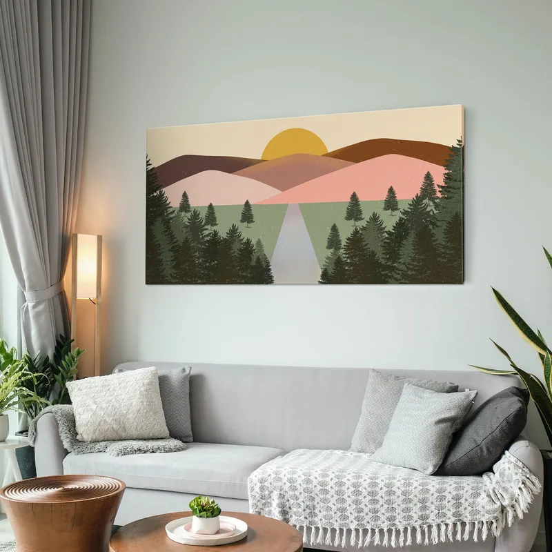 Quadro Boho Chic Illustrazione Paesaggio Paesaggio Montuoso Colorato Con Foresta E Tramonto