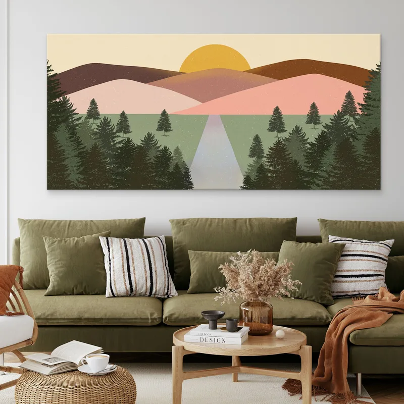 Quadro Boho Chic Illustrazione Paesaggio Paesaggio Montuoso Colorato Con Foresta E Tramonto