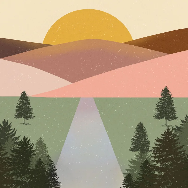 Quadro Boho Chic Illustrazione Paesaggio Paesaggio Montuoso Colorato Con Foresta E Tramonto