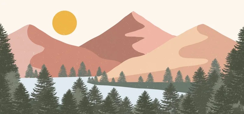 Pintura Boho Chic Ilustración De Paisaje Colorido Paisaje Montañoso Con Sol Y Bosque Moderno