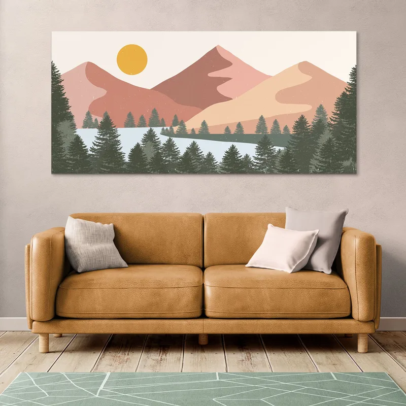 Pintura Boho Chic Ilustración De Paisaje Colorido Paisaje Montañoso Con Sol Y Bosque Moderno