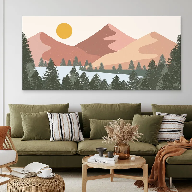 Pintura Boho Chic Ilustración De Paisaje Colorido Paisaje Montañoso Con Sol Y Bosque Moderno