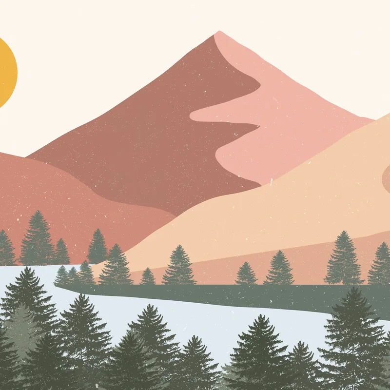 Pintura Boho Chic Ilustración De Paisaje Colorido Paisaje Montañoso Con Sol Y Bosque Moderno