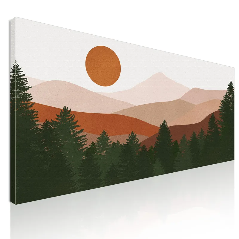Boho-Chic-Landschaftsillustrationsgemälde Berglandschaft Mit Sonne Und Wald drucken auf leinwand