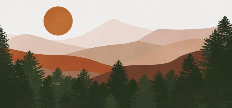 Boho-Chic-Landschaftsillustrationsgemälde Berglandschaft Mit Sonne Und Wald