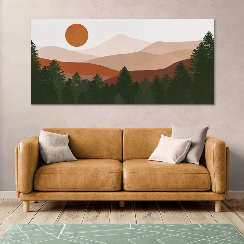 Boho-Chic-Landschaftsillustrationsgemälde Berglandschaft Mit Sonne Und Wald