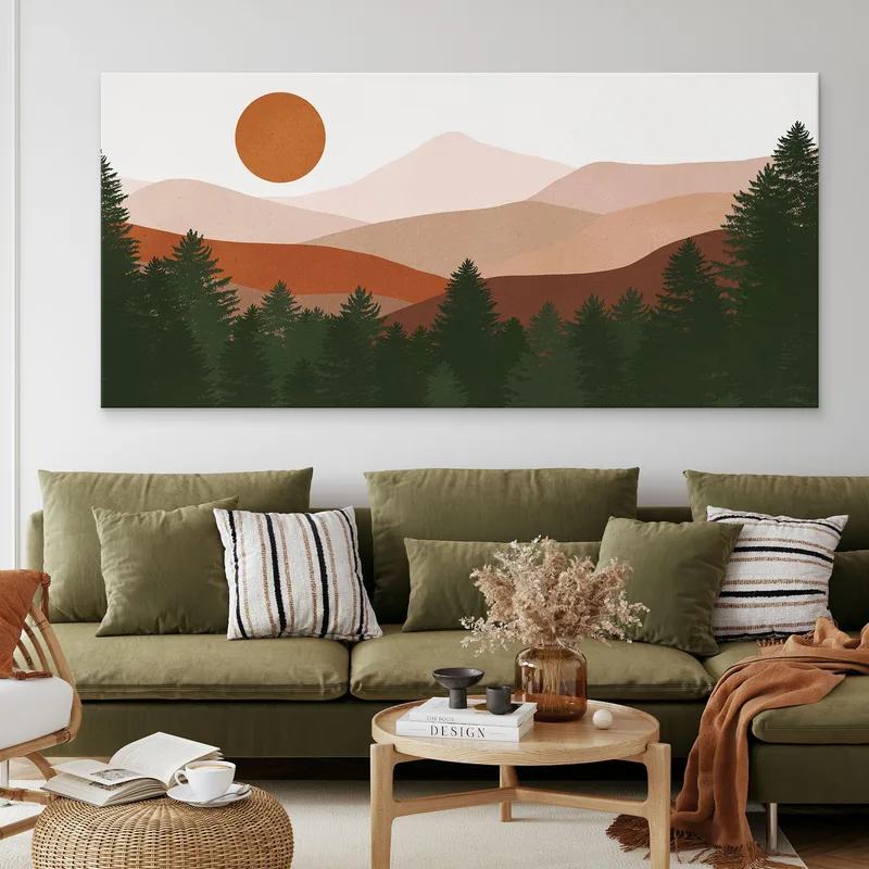 Boho-Chic-Landschaftsillustrationsgemälde Berglandschaft Mit Sonne Und Wald