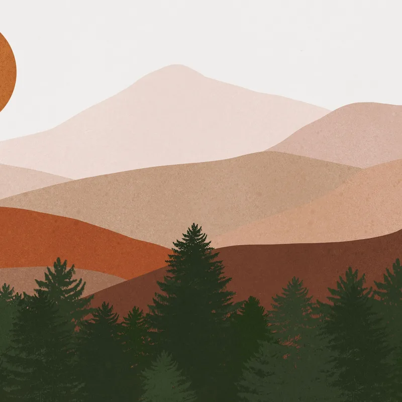 Boho-Chic-Landschaftsillustrationsgemälde Berglandschaft Mit Sonne Und Wald
