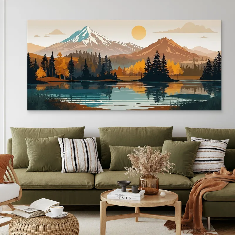 Boho Chic Painting Illustration Landscape Mountain Landscape With Sun Forest And Lake