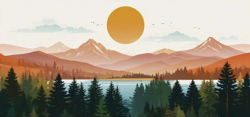 Boho Chic Framework Landscape Illustration Mountains With Trees Shining Sun