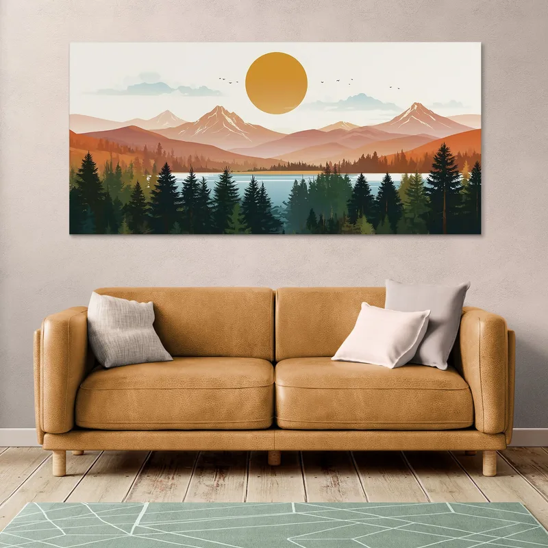 Boho Chic Framework Landscape Illustration Mountains With Trees Shining Sun