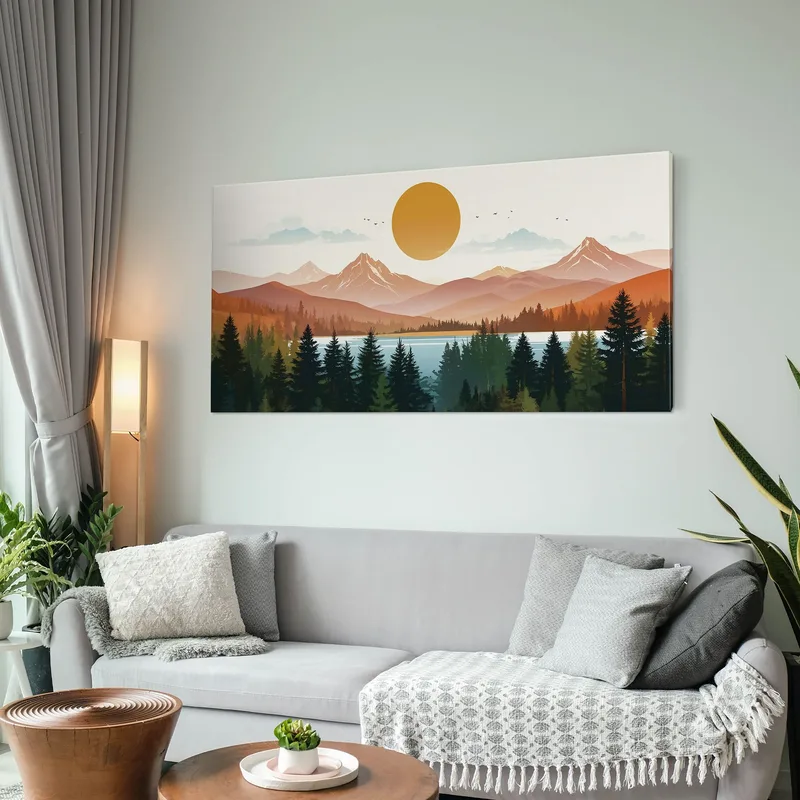 Boho Chic Framework Landscape Illustration Mountains With Trees Shining Sun