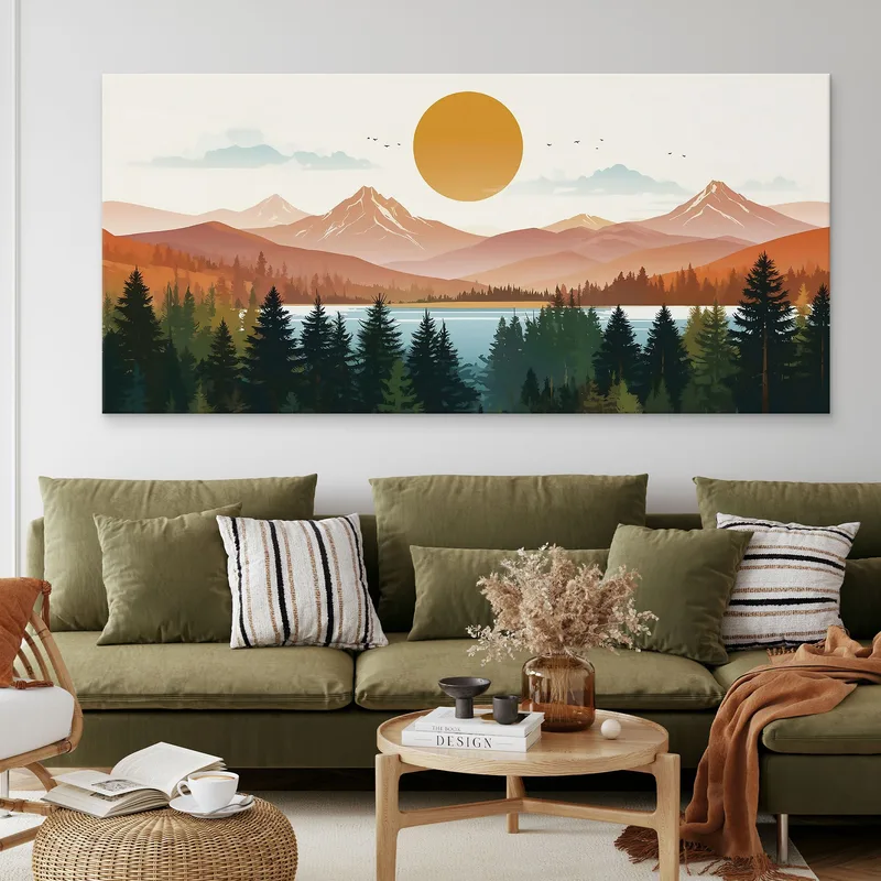 Boho Chic Framework Landscape Illustration Mountains With Trees Shining Sun
