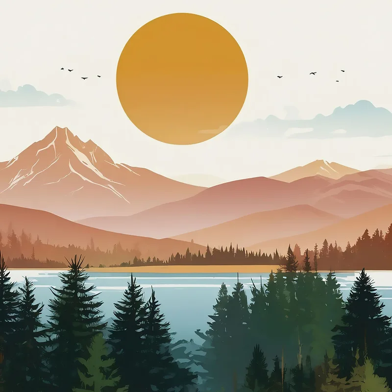 Boho Chic Framework Landscape Illustration Mountains With Trees Shining Sun