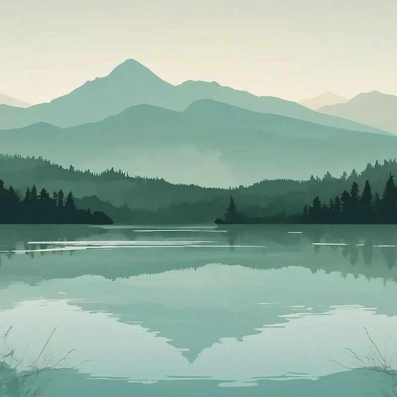 Boho Chic Painting Landscape Illustration Green Mountains With Lake And Forest At Sunset