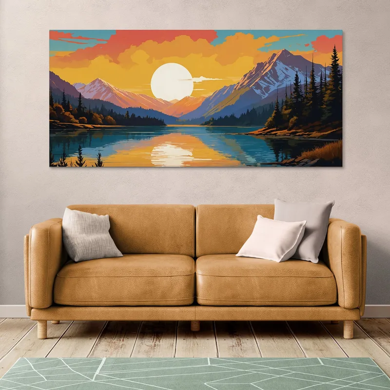 Quadro Boho Chic Illustrazione Paesaggio Montagna Innevata Al Tramonto Riflessa Nel Lago Con Alberi