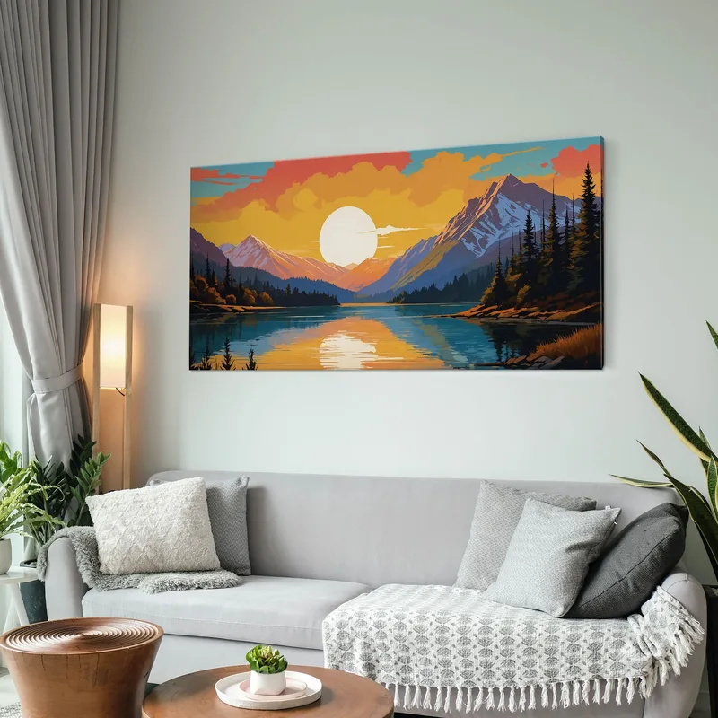 Quadro Boho Chic Illustrazione Paesaggio Montagna Innevata Al Tramonto Riflessa Nel Lago Con Alberi