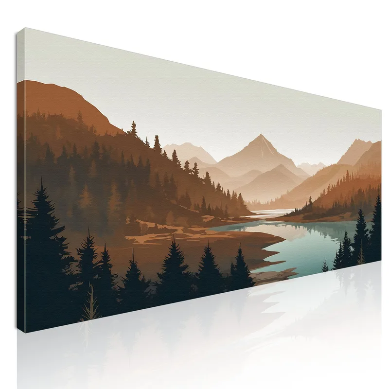 Boho-Chic-Malerei, Landschaftsillustration, Sonnenuntergang Im Bergtal Mit Fluss drucken auf leinwand