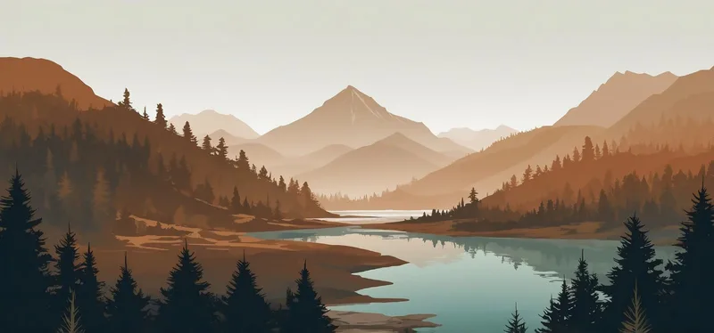 Boho Chic Painting Landscape Illustration Sunset In Mountain Valley With River