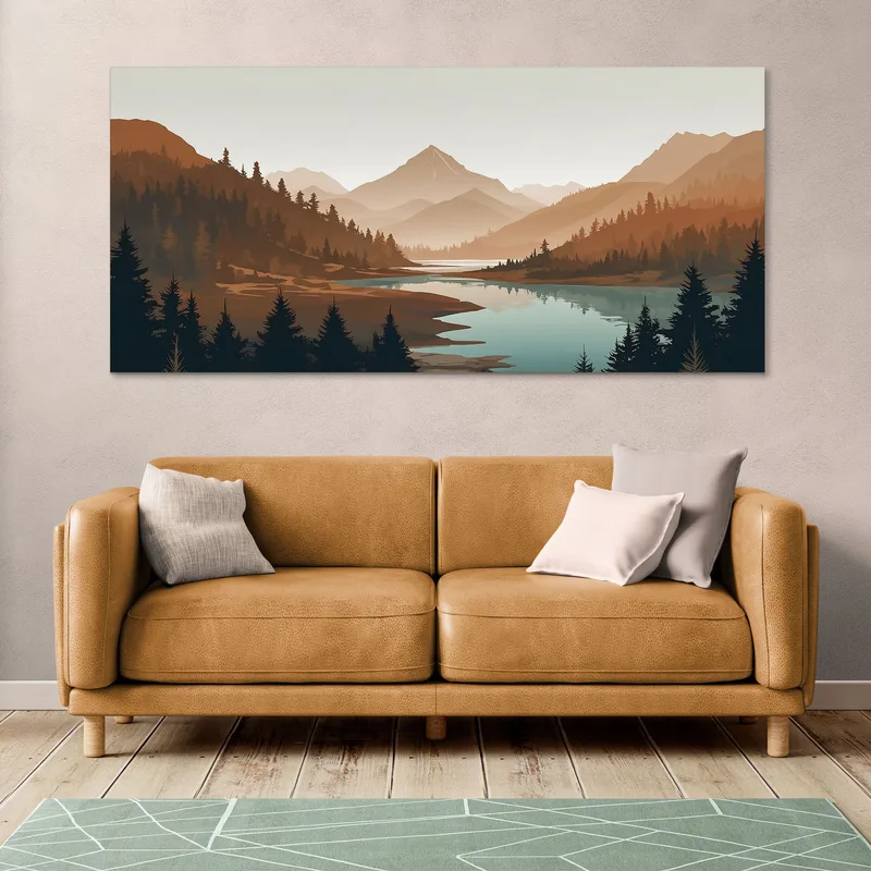 Boho Chic Painting Landscape Illustration Sunset In Mountain Valley With River