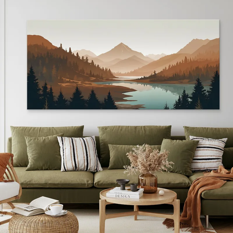 Boho Chic Painting Landscape Illustration Sunset In Mountain Valley With River
