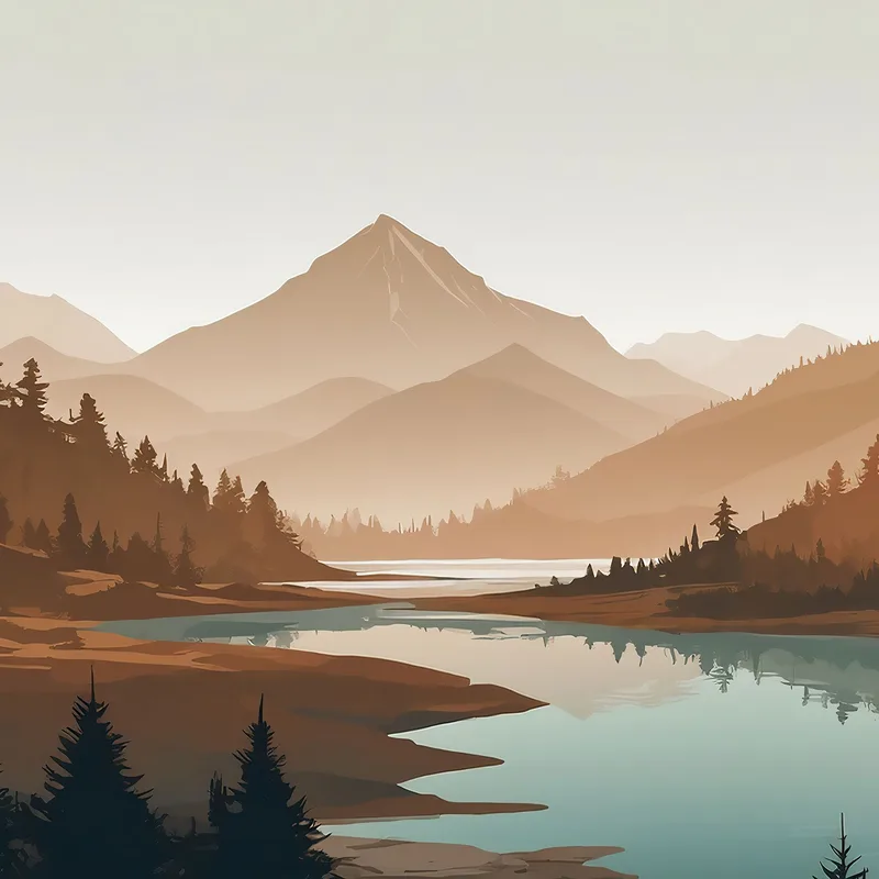 Boho Chic Painting Landscape Illustration Sunset In Mountain Valley With River