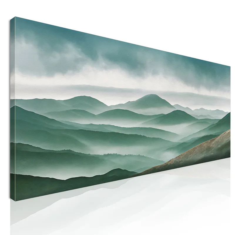 Quadro Paesaggio Astratto Vette Nebbiose Con Colline Verdi E Cielo Grigio quadro stampa su tela