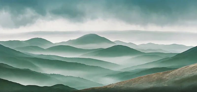 Quadro Paesaggio Astratto Vette Nebbiose Con Colline Verdi E Cielo Grigio