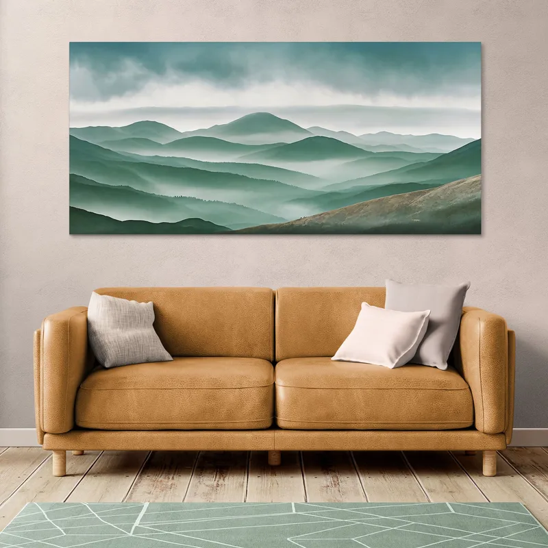 Quadro Paesaggio Astratto Vette Nebbiose Con Colline Verdi E Cielo Grigio