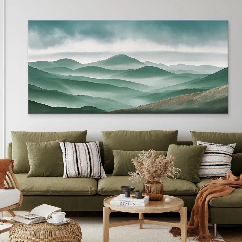 Quadro Paesaggio Astratto Vette Nebbiose Con Colline Verdi E Cielo Grigio