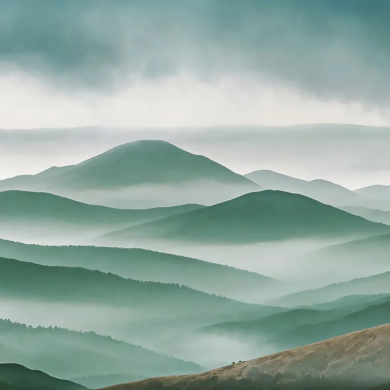Quadro Paesaggio Astratto Vette Nebbiose Con Colline Verdi E Cielo Grigio