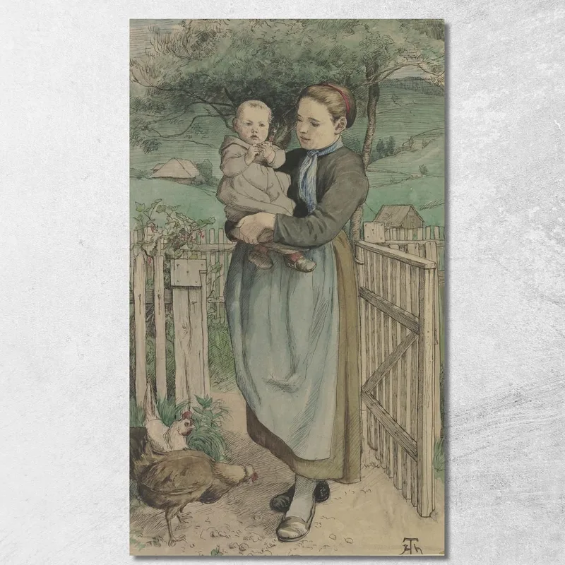 Bauernmädchen Mit Einem Kind Auf Dem Arm An Einem Holzgitter Stehend Hans Thoma drucken auf leinwand