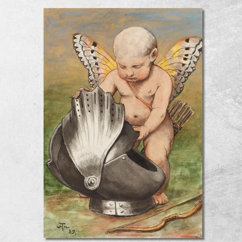 Cherub Mit Helm Hans Thoma drucken auf leinwand