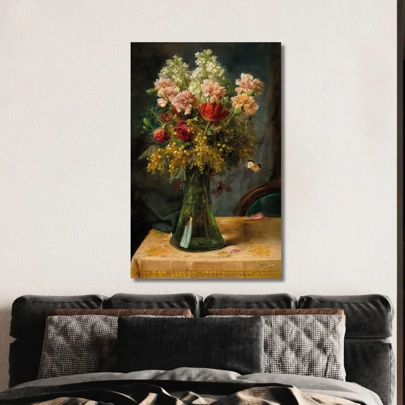 Un Mazzo Di Fiori Con Tulipani E Garofani In Un Vaso Di Vetro Con Farfalla Hans Zatzka