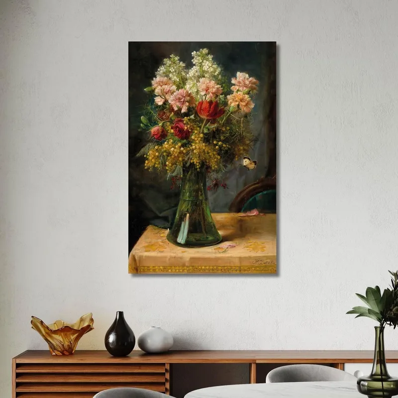 Un Mazzo Di Fiori Con Tulipani E Garofani In Un Vaso Di Vetro Con Farfalla Hans Zatzka