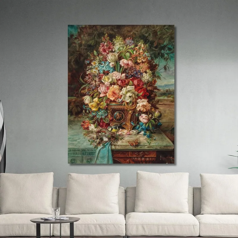 Rich Flower Still Life With Bluetit In Front Of A Wide Landscape Hans Zatzka