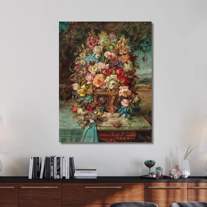 Rich Flower Still Life With Bluetit In Front Of A Wide Landscape Hans Zatzka